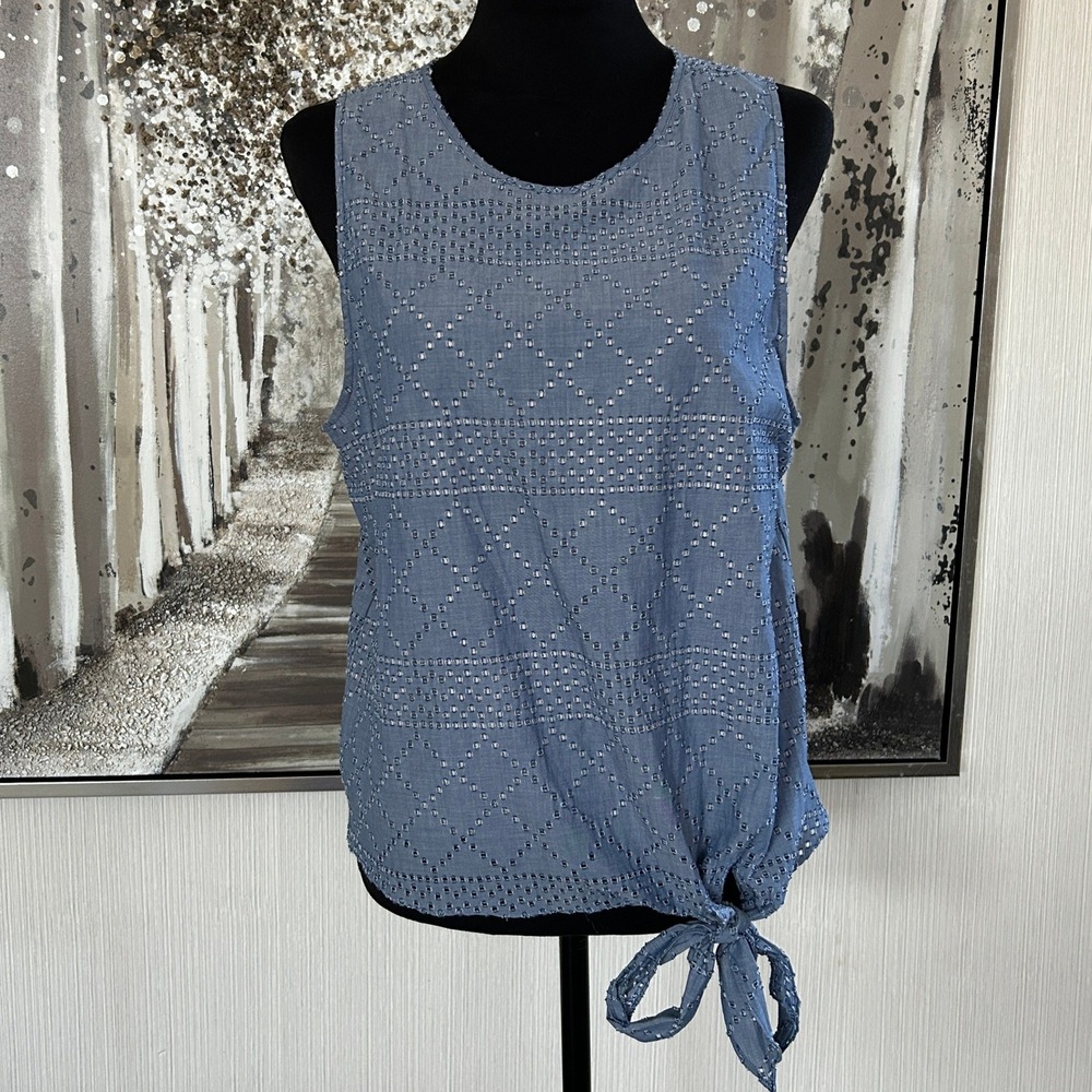 Waverly Grey Womens 100% Cotton Sleeveless Side Tie Embroidered Blue‎ Top -Large